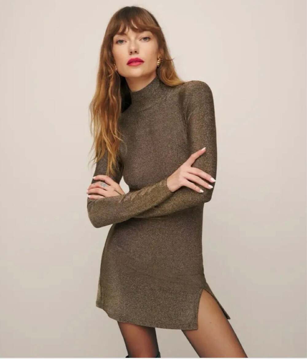 Reformation Hermia Knit Dress Gold Metallic XS